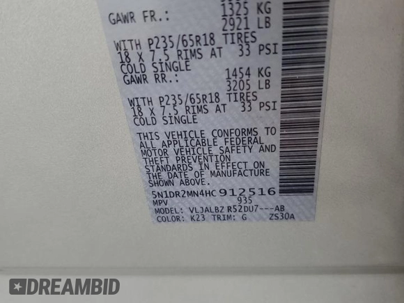 2017 Nissan Pathfinder S with VIN 5N1DR2MN4HC912516, listed as a Copart auction lot 47808895 with 63,367 mi miles and Salvage title. Bid and sale history available at DreamBid. Image 16.