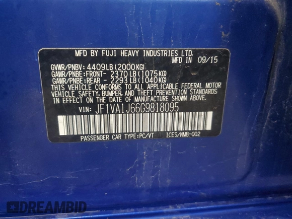 2016 Subaru WRX Limited z VIN JF1VA1J66G9818095, wystawiony jako Copart lot #57350825 z przebiegiem 81 551 mil mil oraz Nie do naprawy • Non repairable. Historia ofert i sprzedaży dostępna na DreamBid. Obrazek 12.
