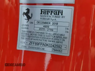 2019 Ferrari Portofino z VIN ZFF89FPA0K0242592, wystawiony jako Copart lot #74249014 z przebiegiem Nie podano mil oraz Nie do naprawy. Historia ofert i sprzedaży dostępna na DreamBid. Obrazek 13.