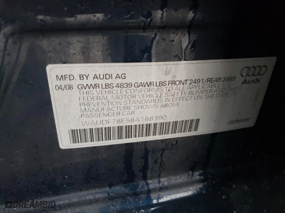 2008 Audi A4 2.0T with VIN WAUDF78E58A168390, listed as a Copart auction lot 83960454 with 156,852 mi miles and Salvage Title. Bid and sale history available at carsss.com. Image 12.