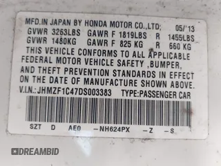 2013 Honda CR-Z with VIN JHMZF1C47DS003383, listed as a IAAI auction lot 42569894 with 90,107 mi miles and . Bid and sale history available at DreamBid. Image 9.