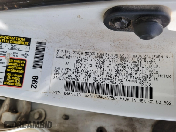 2012 Toyota Tacoma с VIN 3TMLU4EN3CM087777, выставлен на аукционе IAAI как лот 42208691 с пробегом 359 942 миль миль и . История ставок и продаж доступна на DreamBid. Изображение 9.