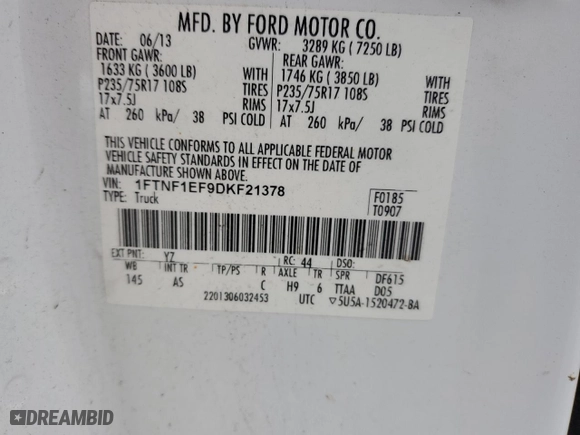 2013 Ford F-150 XL with VIN 1FTNF1EF9DKF21378, listed as a Copart auction lot 73267864 with 97,481 mi miles and Salvage Title. Bid and sale history available at carsss.com. Image 14.
