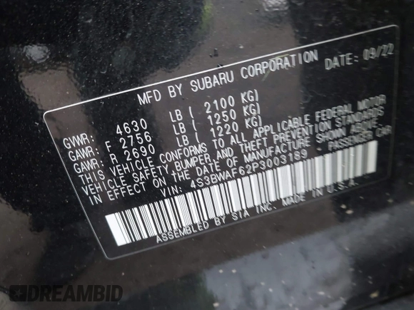 2023 Subaru Legacy Premium с VIN 4S3BWAF62P3003189, выставлен на аукционе IAAI как лот 42323067 с пробегом 36 010 миль миль и . История ставок и продаж доступна на DreamBid. Изображение 9.