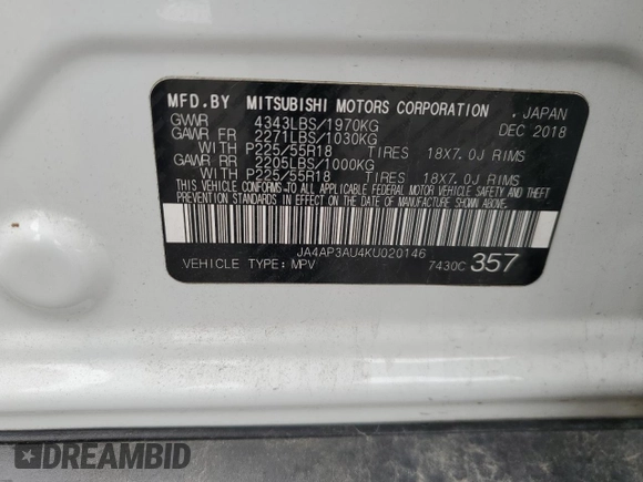 2019 Mitsubishi Outlander ES with VIN JA4AP3AU4KU020146, listed as a Copart auction lot 55582025 with 144,166 mi miles and Salvage title. Bid and sale history available at DreamBid. Image 12.