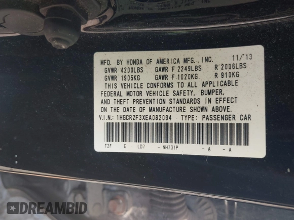 2014 Honda Accord Sedan LX with VIN 1HGCR2F3XEA082094, listed as a IAAI auction lot 42130080 with 84,464 mi miles. Bid and sale history available at carsss.com. Image 9.