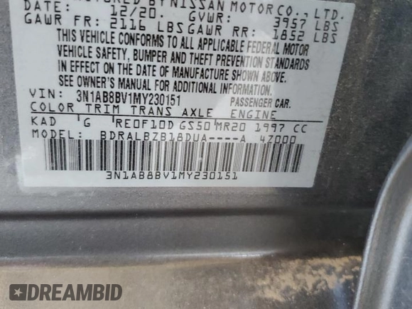 2021 Nissan Sentra S with VIN 3N1AB8BV1MY230151, listed as a Copart auction lot 64631504 with 50,436 mi miles and Salvage Title. Bid and sale history available at DreamBid. Image 12.