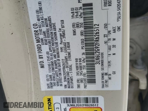 2015 Lincoln MKZ with VIN 3LN6L2G92FR626512, listed as a Copart auction lot 51475005 with 190,713 mi miles and Salvage title. Bid and sale history available at DreamBid. Image 14.