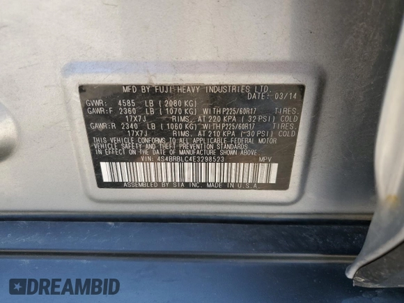 2014 Subaru Outback Limited with VIN 4S4BRBLC4E3298523, listed as a Copart auction lot 61476195 with 173,623 mi miles and Salvage title. Bid and sale history available at DreamBid. Image 12.