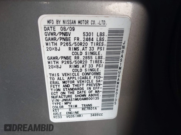 2010 Infiniti FX с VIN JN8AS1MU0AM800135, выставлен на аукционе IAAI как лот 42549814 с пробегом 298 670 миль миль и . История ставок и продаж доступна на DreamBid. Изображение 9.