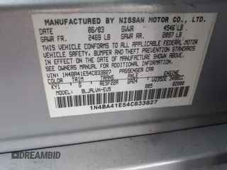 2004 Nissan Maxima SL with VIN 1N4BA41E54C833827, listed as a IAAI auction lot 41910331 with Not Provided miles and . Bid and sale history available at DreamBid. Image 9.