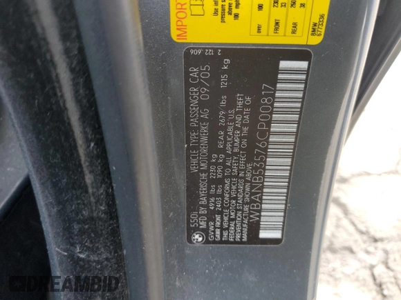 2006 BMW 5 Series 550i with VIN WBANB53576CP00817, listed as a Copart auction lot 84458944 with 165,542 mi miles and Non Repairable. Bid and sale history available at DreamBid. Image 13.