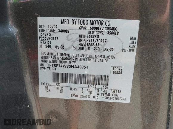 2005 Ford F-150 XL with VIN 1FTRF14W95NA43854, listed as a IAAI auction lot 42403913 with 145,151 mi miles and . Bid and sale history available at DreamBid. Image 9.