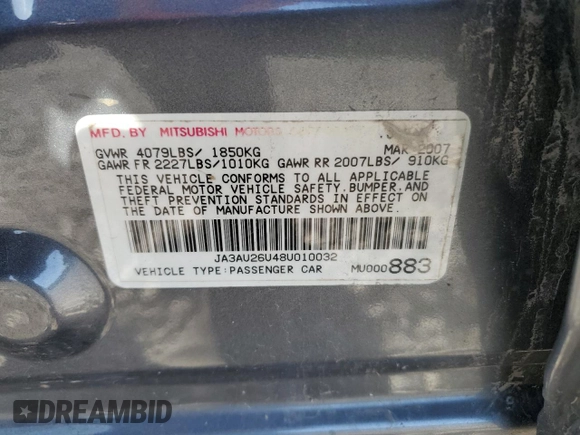 2008 Mitsubishi Lancer DE with VIN JA3AU26U48U010032, listed as a Copart auction lot 76500574 with Not Provided miles and Salvage Title. Bid and sale history available at DreamBid. Image 14.