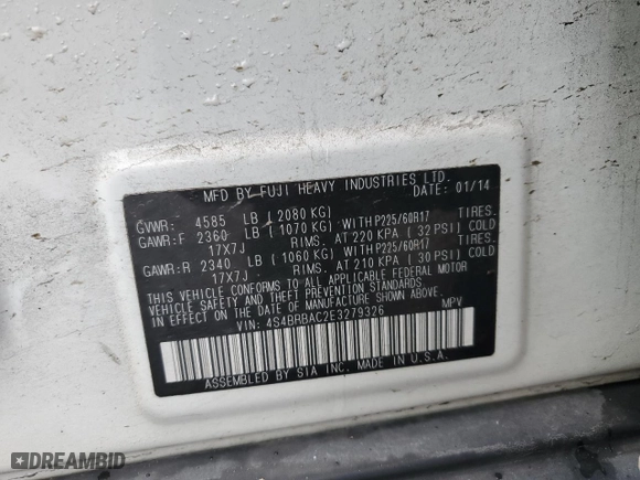 2014 Subaru Outback 2.5i with VIN 4S4BRBAC2E3279326, listed as a Copart auction lot 45241845 with 74,671 mi miles and Salvage Title. Bid and sale history available at carsss.com. Image 13.