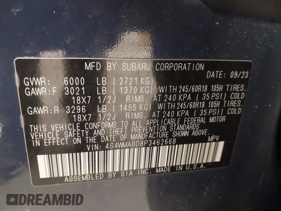 2023 Subaru Ascent Premium with VIN 4S4WMABD8P3462668, listed as a IAAI auction lot 41501165 with 29,697 mi miles and . Bid and sale history available at DreamBid. Image 9.