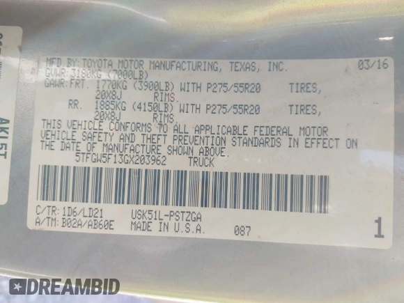 2016 Toyota Tundra Platinum z VIN 5TFGW5F13GX203962, wystawiony jako IAAI lot #41808245 z przebiegiem 179 511 mil mil oraz . Historia ofert i sprzedaży dostępna na DreamBid. Obrazek 9.