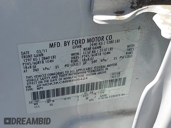 2011 Ford Edge Limited with VIN 2FMDK3KC8BBB06424, listed as a IAAI auction lot 42687990 with 53,991 mi miles and . Bid and sale history available at DreamBid. Image 9.