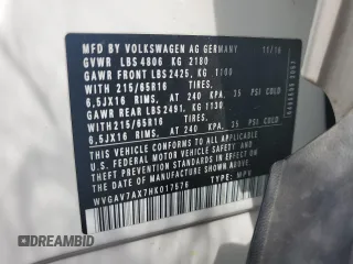 2017 Volkswagen Tiguan S with VIN WVGAV7AX7HK017576, listed as a Copart auction lot 58487455 with 100,034 mi miles and Salvage title. Bid and sale history available at DreamBid. Image 13.