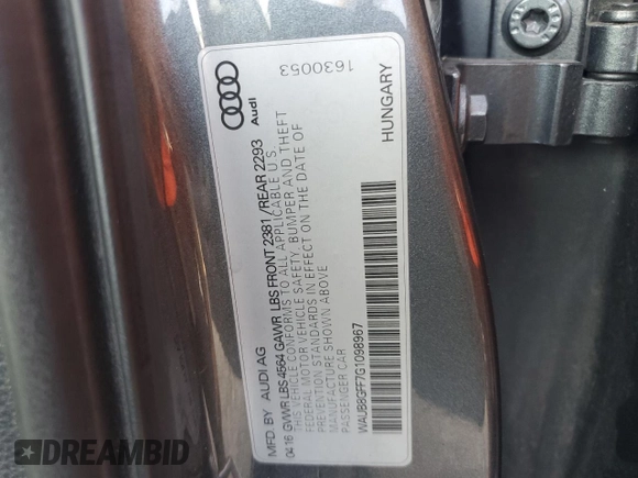 2016 Audi A3 2.0T Premium with VIN WAUB8GFF7G1098967, listed as a Copart auction lot 65345253 with 107,994 mi miles. Bid and sale history available at carsss.com. Image 14.