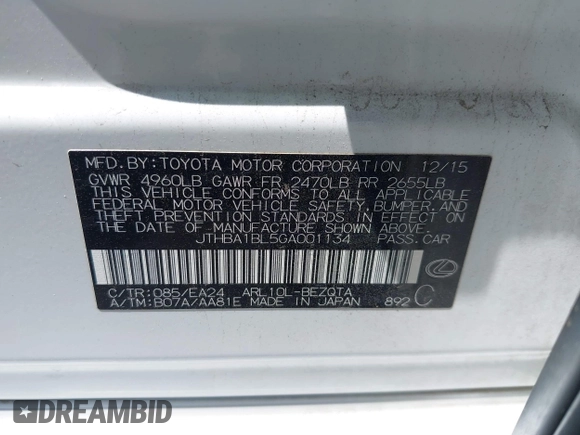 2016 Lexus GS 200t with VIN JTHBA1BL5GA001134, listed as a IAAI auction lot 42477622 with 100,224 mi miles and . Bid and sale history available at DreamBid. Image 9.