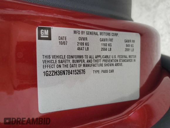 2008 Pontiac G6 GT with VIN 1G2ZH36N784152676, listed as a Copart auction lot 73278564 with 49,757 mi miles and Salvage Title. Bid and sale history available at carsss.com. Image 13.