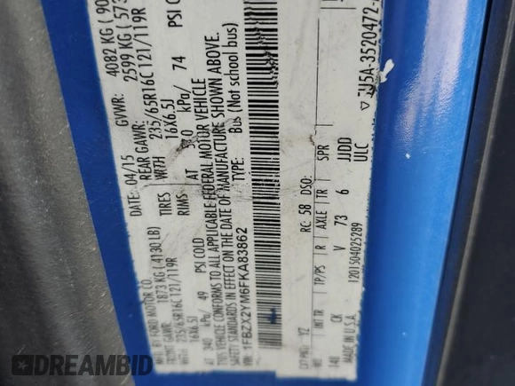 2015 Ford Transit XL with VIN 1FBZX2YM6FKA83862, listed as a Copart auction lot 45398815 with 321,903 mi miles and Clean title. Bid and sale history available at DreamBid. Image 13.