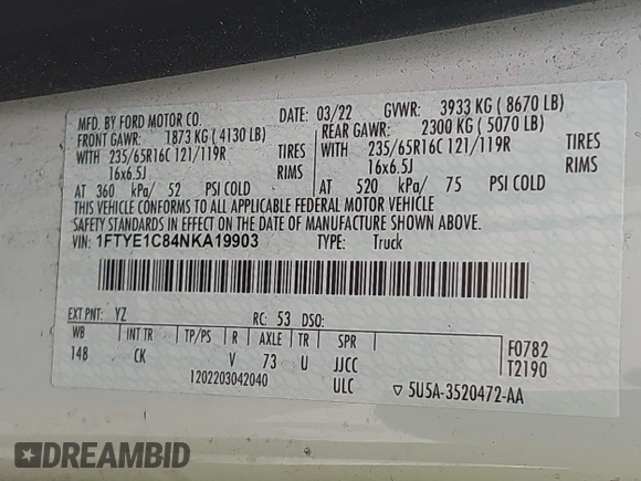 2022 Ford Transit z VIN 1FTYE1C84NKA19903, wystawiony jako IAAI lot #41757403 z przebiegiem 132 991 mil mil oraz . Historia ofert i sprzedaży dostępna na DreamBid. Obrazek 9.