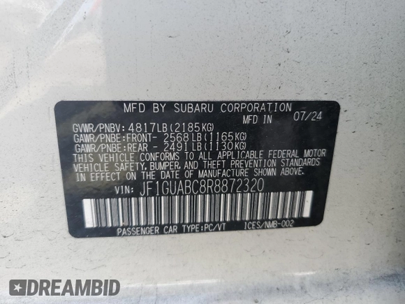 2024 Subaru Impreza with VIN JF1GUABC8R8872320, listed as a Copart auction lot 62474115 with 10,881 mi miles and Salvage title. Bid and sale history available at DreamBid. Image 13.