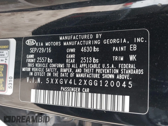 2016 Kia Optima SXL Turbo with VIN 5XXGV4L2XGG120045, listed as a IAAI auction lot 41511829 with 107,760 mi miles. Bid and sale history available at carsss.com. Image 9.