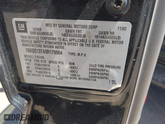 2003 GMC Yukon SLT with VIN 1GKEC13T43R179964, listed as a IAAI auction lot 42027658 with 1 mi miles. Bid and sale history available at carsss.com. Image 9.