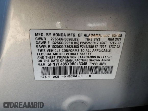 2009 Honda Pilot EX-L with VIN 5FNYF485X9B013345, listed as a Copart auction lot 45766065 with 227,419 mi miles and Salvage Title. Bid and sale history available at carsss.com. Image 13.