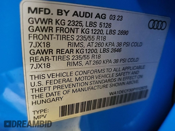 2023 Audi Q3 S line Premium with VIN WA1DECF30P1112673, listed as a IAAI auction lot 42808880 with 43,932 mi miles and . Bid and sale history available at DreamBid. Image 8.