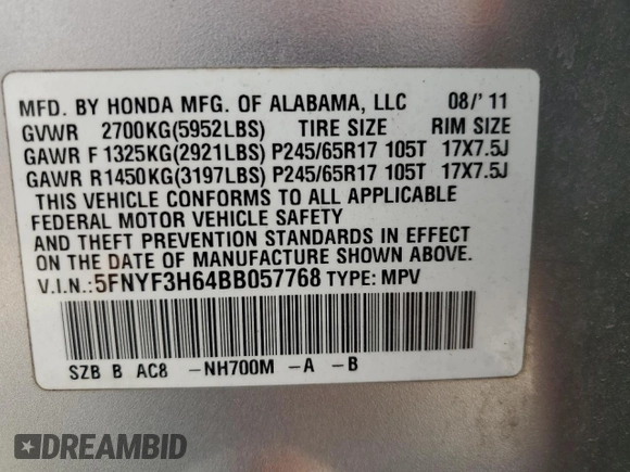 2011 Honda Pilot EX-L with VIN 5FNYF3H64BB057768, listed as a Copart auction lot 69327874 with 247,744 mi miles and Salvage Title. Bid and sale history available at carsss.com. Image 13.