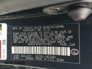 2023 Lexus ES 350 with VIN 58ADZ1B1XPU147601, listed as a Copart auction lot 53552325 with 43,493 mi miles and Salvage Title. Bid and sale history available at DreamBid. Image 12.