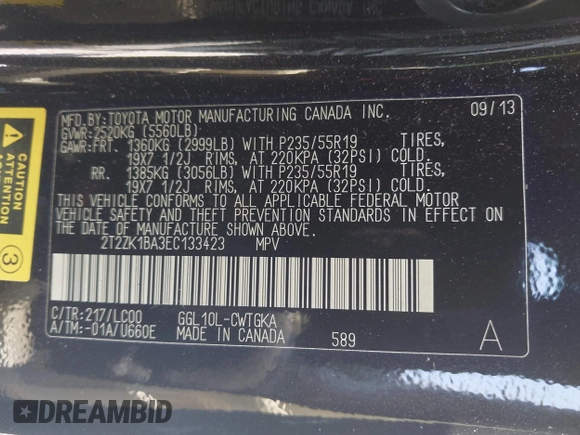 2014 Lexus RX 350 with VIN 2T2ZK1BA3EC133423, listed as a IAAI auction lot 42325851 with 151,025 mi miles and . Bid and sale history available at DreamBid. Image 9.