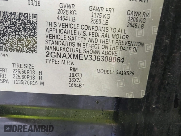 2018 Chevrolet Equinox Premier with VIN 2GNAXMEV3J6308064, listed as a IAAI auction lot 41652617 with 86,043 mi miles. Bid and sale history available at carsss.com. Image 9.