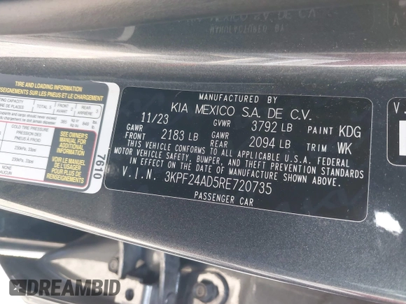 2024 Kia Forte LXS with VIN 3KPF24AD5RE720735, listed as a IAAI auction lot 41956986 with 27,967 mi miles and . Bid and sale history available at DreamBid. Image 9.