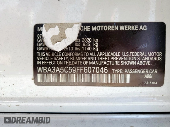 2015 BMW 3 Series 328i with VIN WBA3A5C59FF607046, listed as a Copart auction lot 65231485 with 100,991 mi miles and Clean title. Bid and sale history available at DreamBid. Image 12.