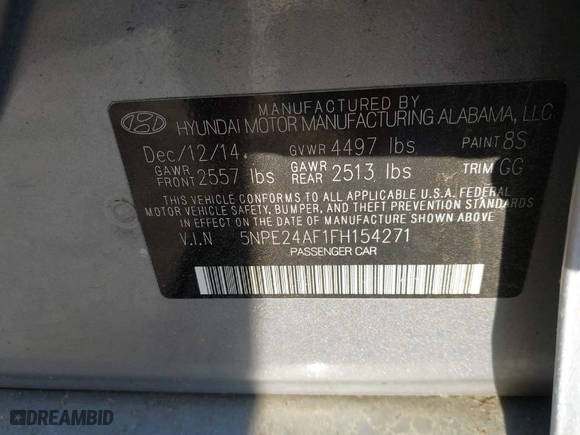 2015 Hyundai Sonata 2.4L SE with VIN 5NPE24AF1FH154271, listed as a IAAI auction lot 42078645 with 179,867 mi miles. Bid and sale history available at carsss.com. Image 9.