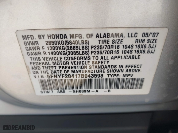 2007 Honda Pilot EX with VIN 5FNYF28417B043598, listed as a IAAI auction lot 41535648 with 171,012 mi miles. Bid and sale history available at carsss.com. Image 9.