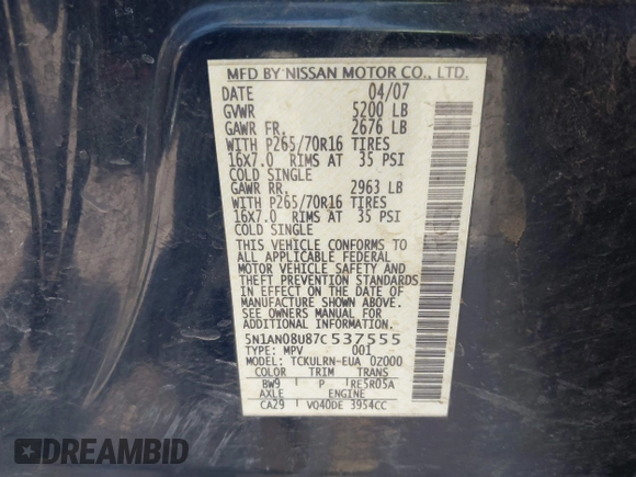2007 Nissan Xterra SE z VIN 5N1AN08U87C537555, wystawiony jako IAAI lot #41976890 z przebiegiem 146 627 mil mil oraz . Historia ofert i sprzedaży dostępna na DreamBid. Obrazek 9.