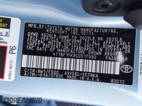 2012 Toyota Camry L z VIN 4T1BF1FK8CU517092, wystawiony jako IAAI lot #42124779 z przebiegiem 73 183 mil mil oraz . Historia ofert i sprzedaży dostępna na DreamBid. Obrazek 9.