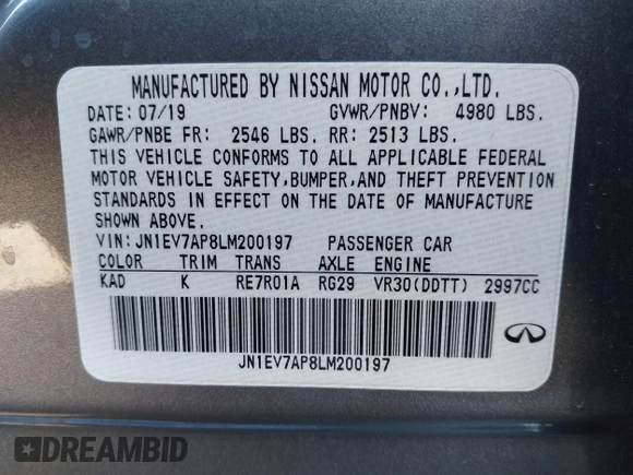 2020 Infiniti Q50 Luxe with VIN JN1EV7AP8LM200197, listed as a IAAI auction lot 42270721 with 66,978 mi miles and . Bid and sale history available at DreamBid. Image 9.