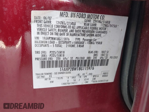 2008 Ford Taurus Limited with VIN 1FAHP28W18G115976, listed as a IAAI auction lot 41527745 with 125,745 mi miles. Bid and sale history available at carsss.com. Image 9.