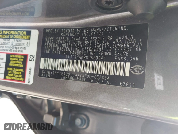 2021 Toyota Camry SE Nightshade with VIN 4T1T11AK8MU589941, listed as a IAAI auction lot 41651556 with 110,283 mi miles and . Bid and sale history available at DreamBid. Image 9.