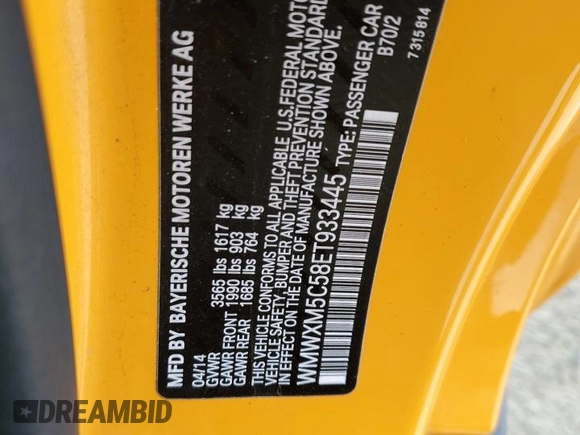 2014 MINI Hardtop with VIN WMWXM5C58ET933445, listed as a Copart auction lot 52769425 with 55,391 mi miles and Salvage Title. Bid and sale history available at DreamBid. Image 13.