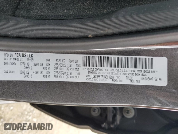 2020 Ram 1500 Big Horn with VIN 1C6SRFFT3LN213316, listed as a Copart auction lot 47585385 with 68,389 mi miles and Salvage Title. Bid and sale history available at carsss.com. Image 14.