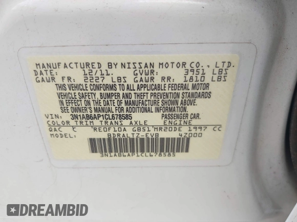 2012 Nissan Sentra S with VIN 3N1AB6AP1CL678585, listed as a IAAI auction lot 42634112 with 161,980 mi miles and . Bid and sale history available at DreamBid. Image 9.
