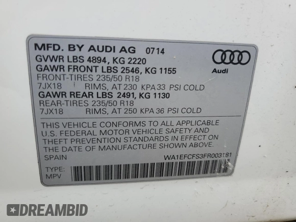 2015 Audi Q3 Premium Plus with VIN WA1EFCFS3FR003181, listed as a Copart auction lot 60117365 with 174,934 mi miles and Clean title. Bid and sale history available at DreamBid. Image 12.